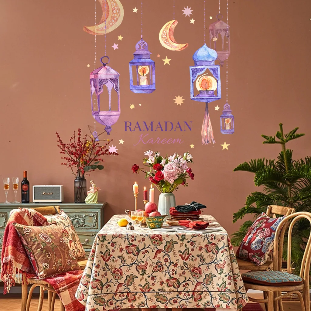 NEW Ramadan Kareem Wall Stickers Colorful Lantern Moon Star Wall Decal Ramadan Decoration 2024 Eid Mubarak Muslim Party Decor