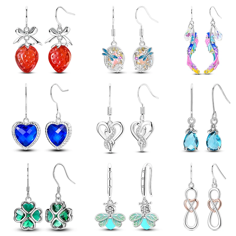 

New 925 Silver Strawberry Gem Heart Shaped Four Leaf Clover Bees Eardrop Earrings For Women Engagement Birthday Proluxy Jewelry