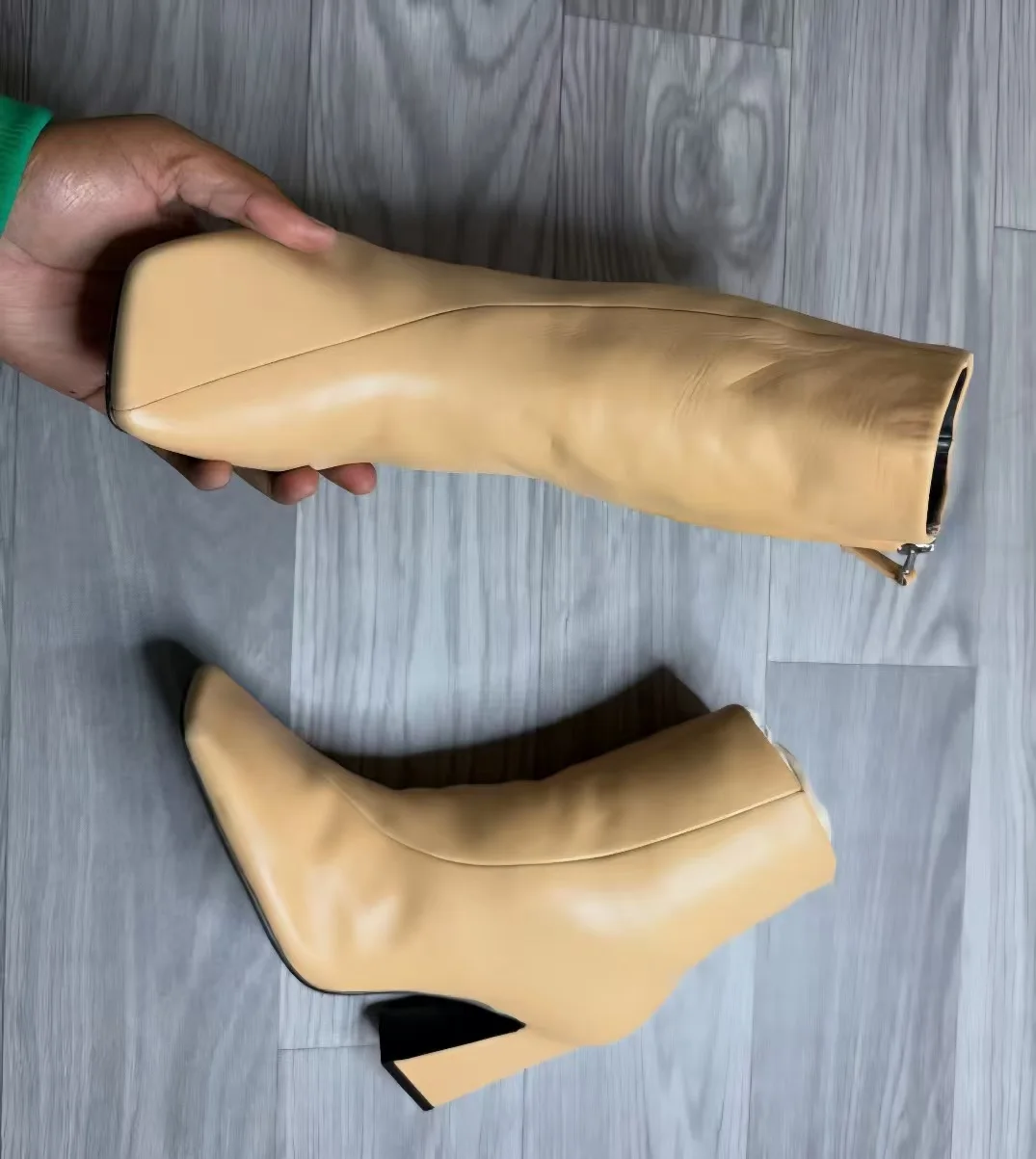 Minimalist Style Khaki Leather Square-Toe Chunky-Heel Ankle Boots Side-Zip Design Fashion Women's High Heels Boots