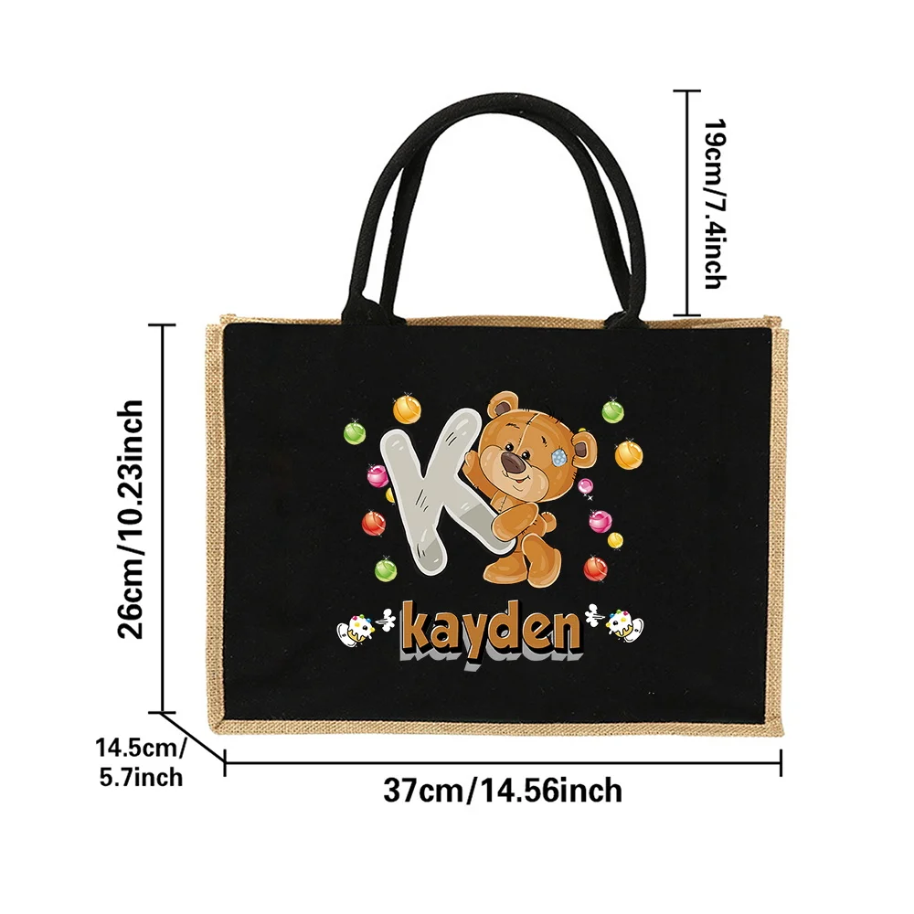 Personalized Customization Name Linen Handbag Shopping Bag Retro Grocery Bag Summer Beach Bag Cartoon Bear Pattern