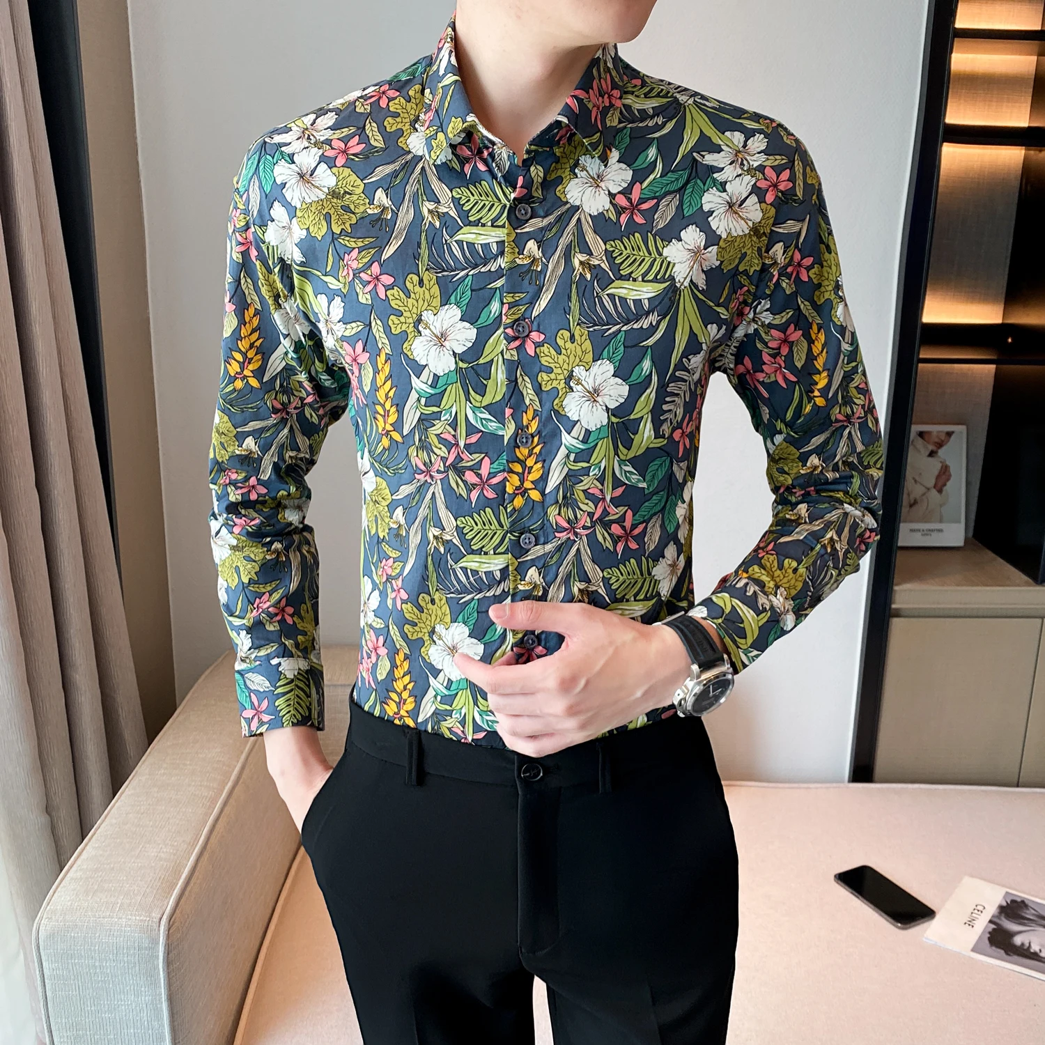 Stylish Colorful Flowers Shirts For Men High Quality Single-breasted Long Sleeve Cotton Shirt Blouses Streetwear Plus Size 5XL-M