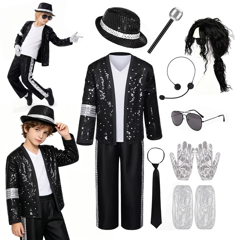 

Boys Classic King Of Pop Sequin Stage Costume Full Accessory Kit For Carnival Talent Show School Performance Dress Up