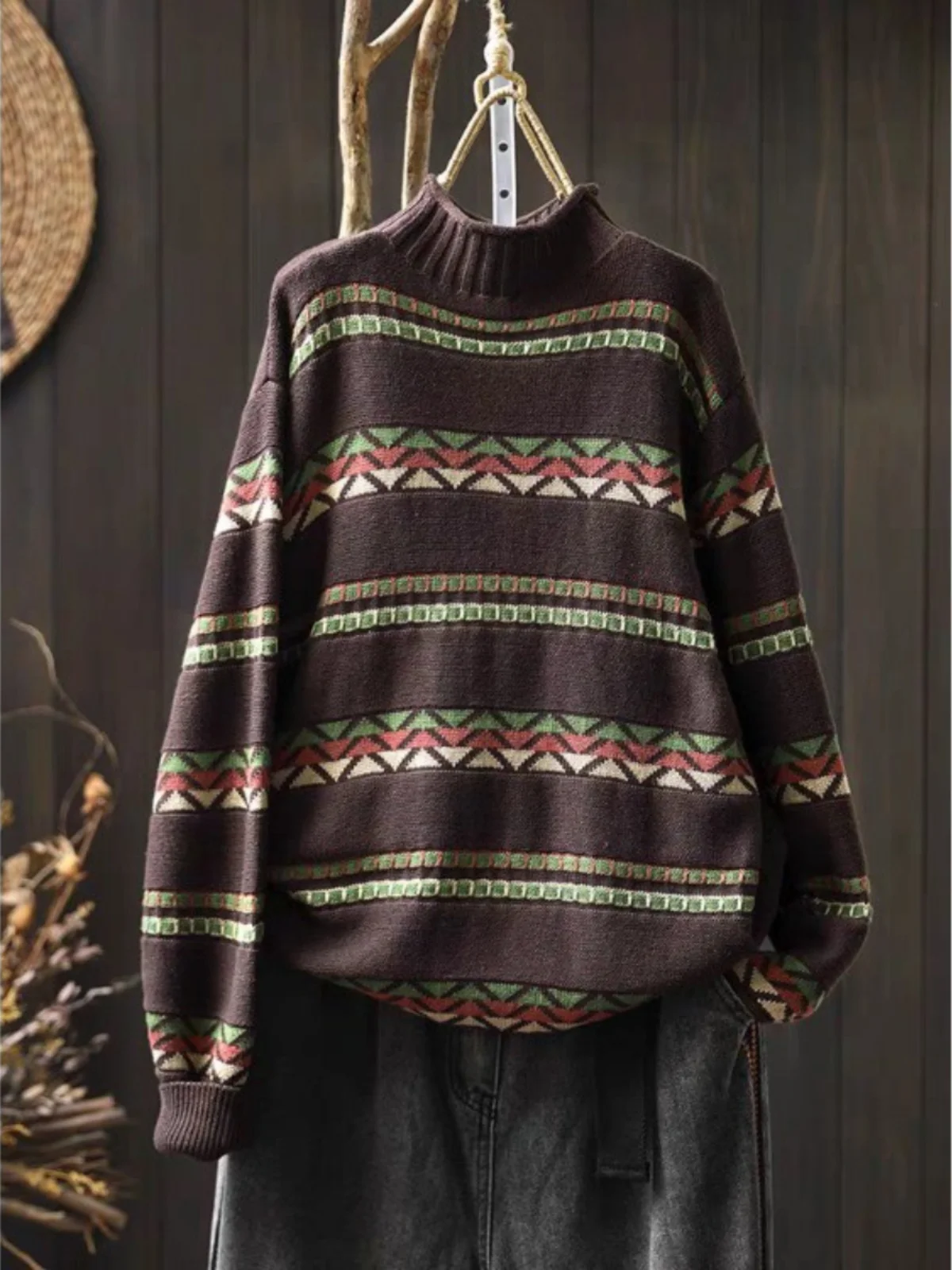 Maglione a righe casual a collo alto lungo in filato di cotone lavorato a maglia retrò, top autunno inverno Faion da donna taglie forti