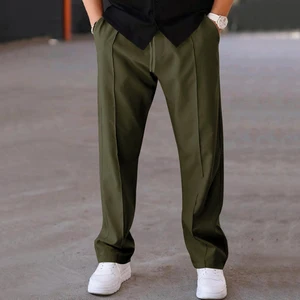 Summer New Fashion Simple Solid Color Trousers For Men Casual Loose Drawstring Pleated Straight Pants Oversize Mens Tie-up Pants