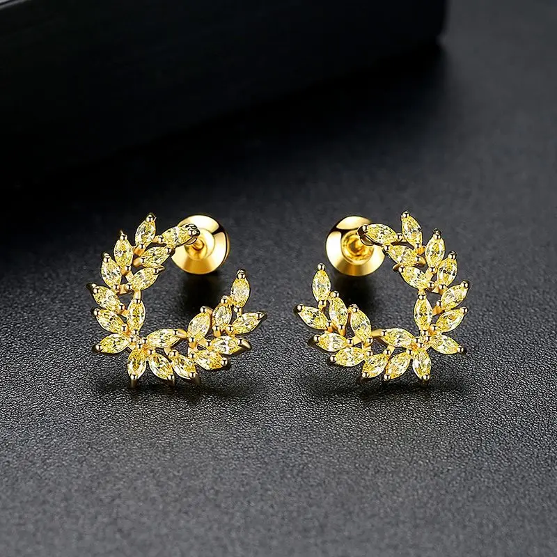 

925 Sterling Silver Ear Needle Luxurious Fashion Micropaved Zircon Gold Leaf Hoop Earrings Women's Wedding Party Accessories