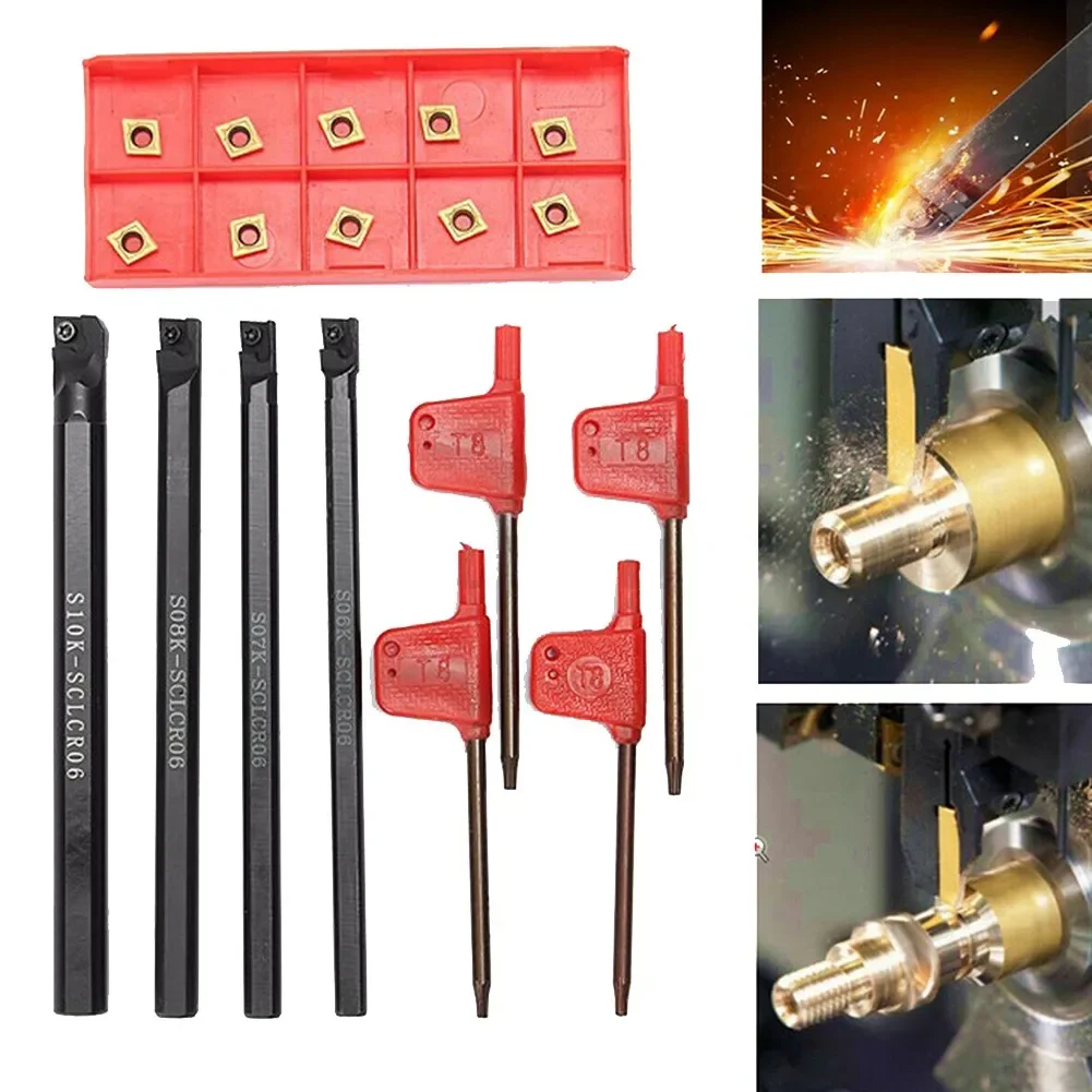 Turning Tool Holder SCLCR06 Carbide Insert Lathe Boring Bar & 10x CCMT060204-HM Insert S06K S07K S08K S10K Boring Bar &T8 Wrench