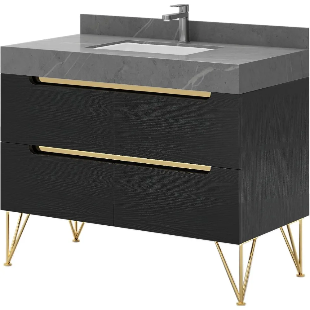 40 Inch Bathroom Vanity with Sink, Black Bathroom Cabinet with Grey Sintered Stone, Bathroom Sink Vanity, 4 Drawers