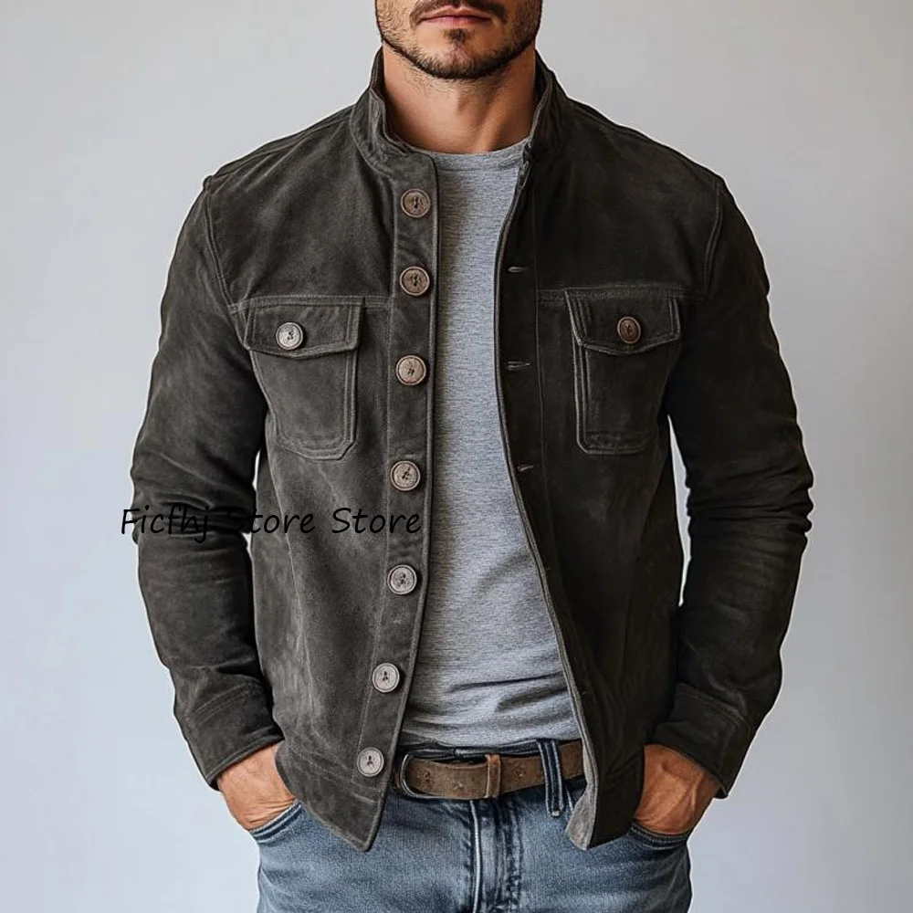 

Мужские куртки высокого качества, однобортное мужское социальное пальто, модный костюм, два кармана на пуговицах, воротник-стойка, повседневная замшевая ткань