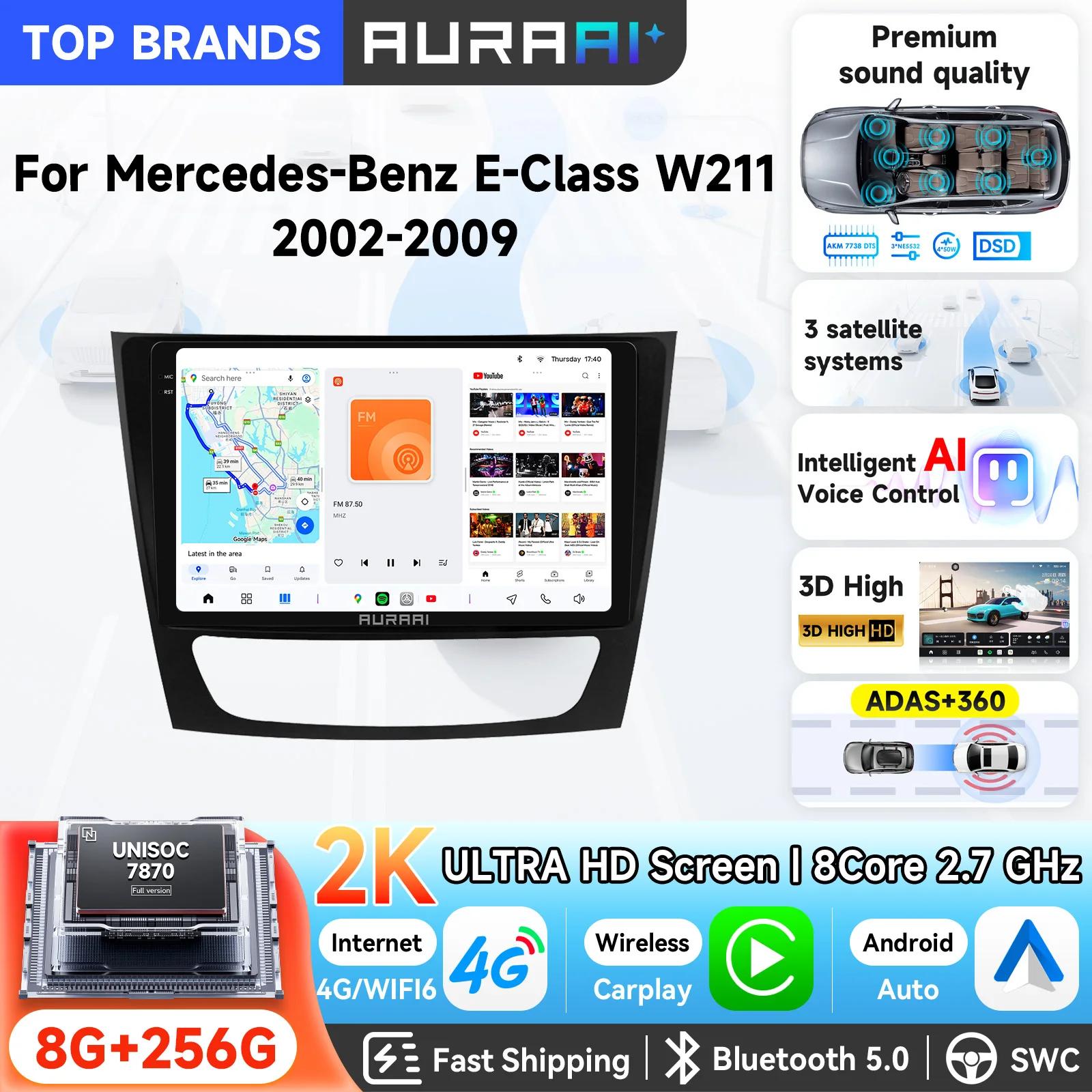 AURAAI 9'' Android Autoradio für Mercedes-Benz W211 2002-2009/W219 2001-2011/W463 2001-2008 Autoradio Carplay Android Auto GPS-Navigation Intelligentes Bildschirmgerät 4G WLAN SWC Bluetooth WLAN DSP