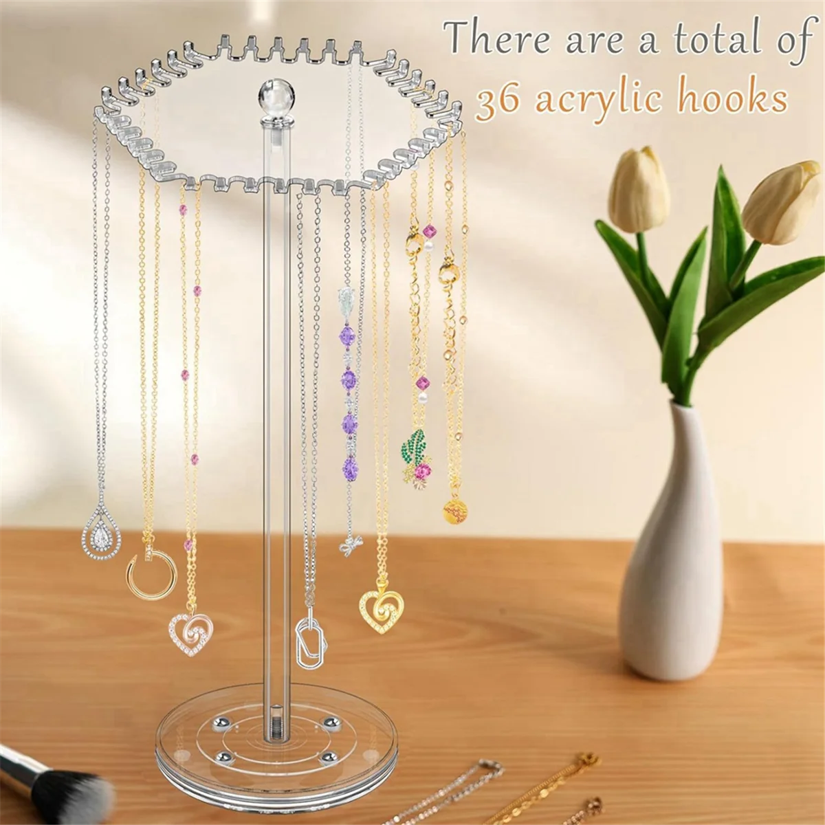 AGG-Rotating Necklace Organizer,Acrylic Necklace Holder Stand with 36 Hooks for Necklaces Chain Pendant Bracelets Ring