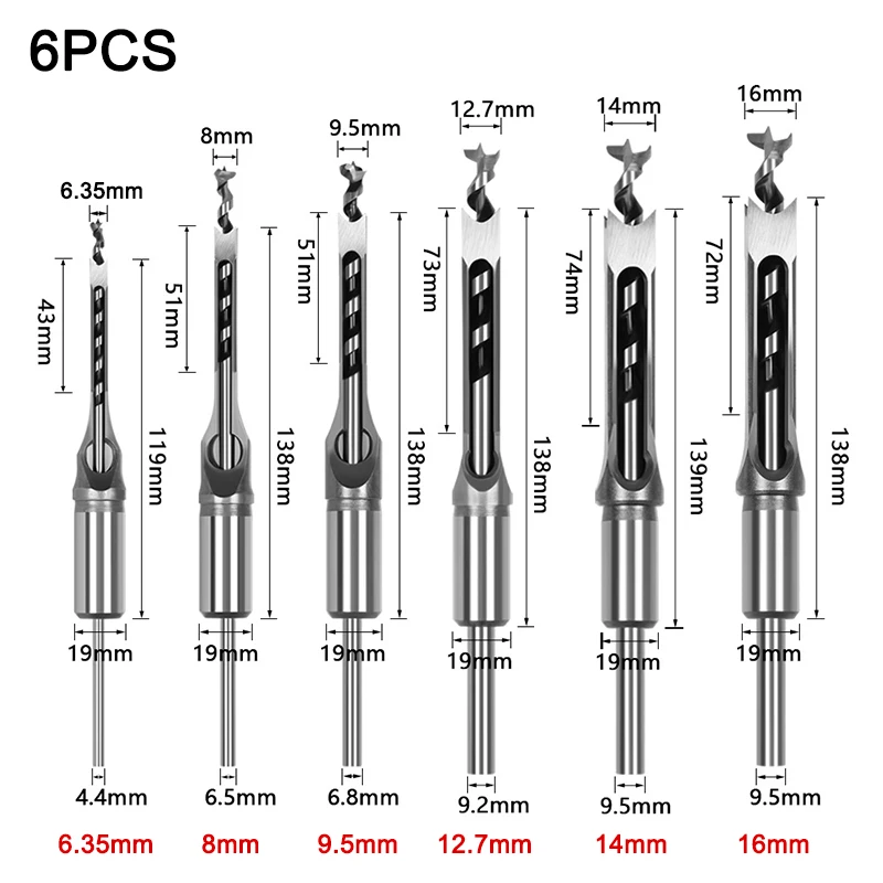 

6Pcs 6.35-16mm HSS Twist Square Hole Drill Bits Auger Mortising Chisel Extended Saw for Woodworking Tools