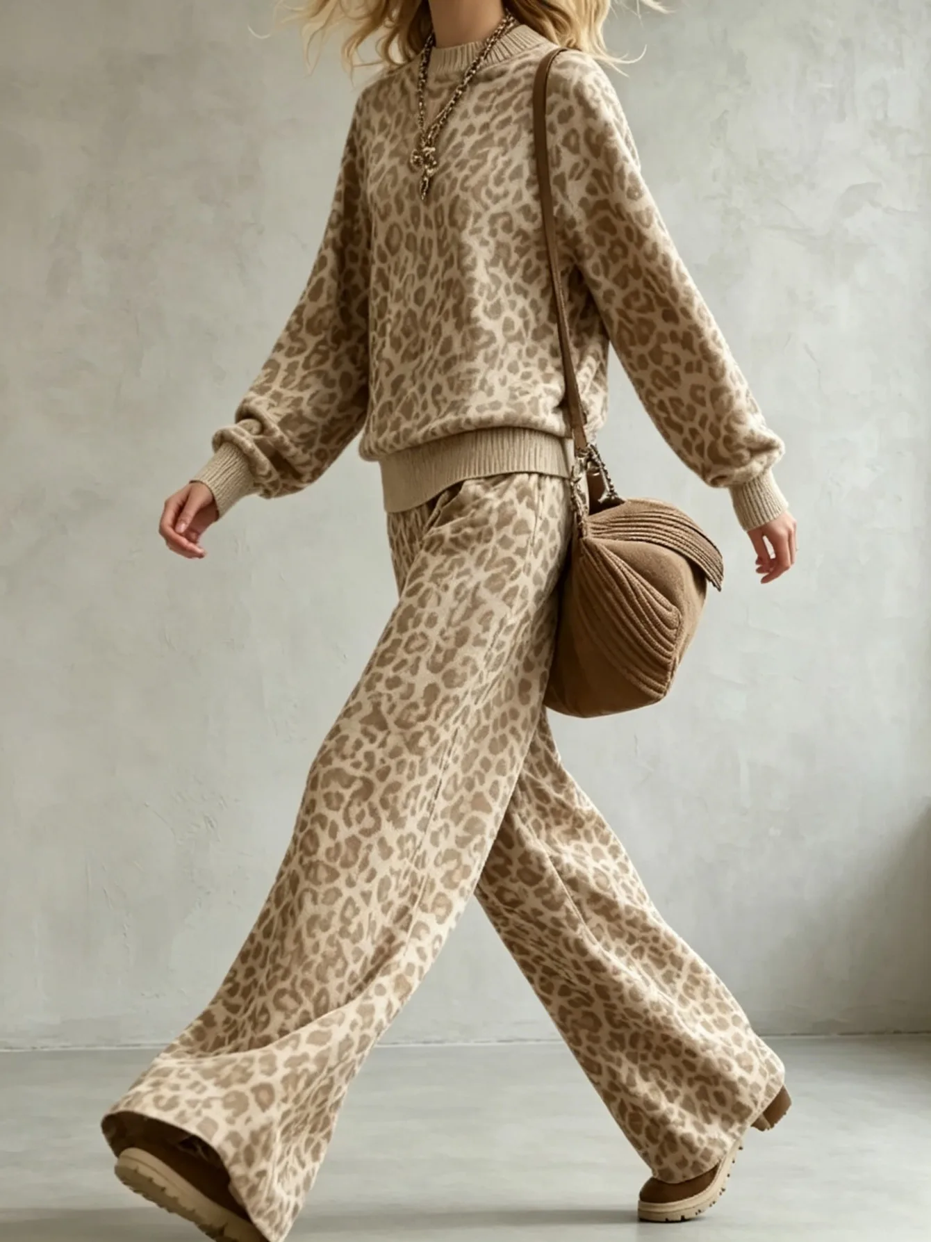 Light Brown Leopard Suit for Women | Loose Version, Suitable for Daily Going Out And Social Occasions