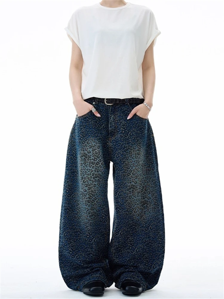 Women's Gradient Leopard Print Pattern Pants Unisex Wide Leg Y2k Trousers Cool Girl Bottoms Female Street High Waist Sweatpants