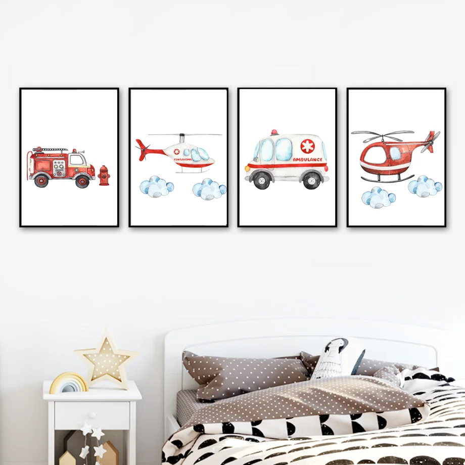 Transportation trucks Nursery Wall Art Mural Canvas Painting Helicopter Excavator Poster Print Picture Baby Boy Room Home Decor