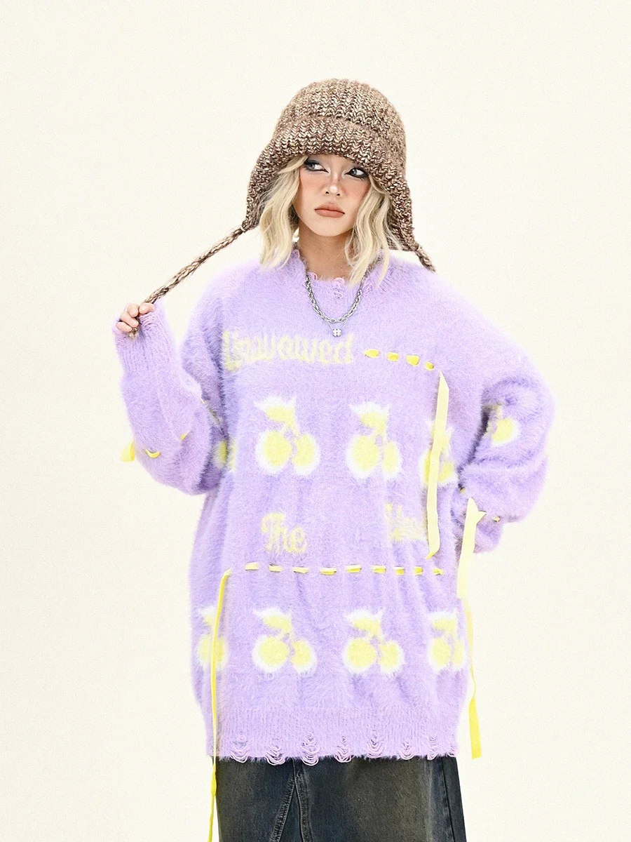 Dopamine Cherry Crew Neck Sweater Women's 2024 Winter New Loose BF American High Street Knitting Tide image 4
