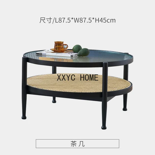 Rattan Tea Table Nordic Living Room Balcony Simple Solid Wood Glass Combination Light Luxury round Side Table