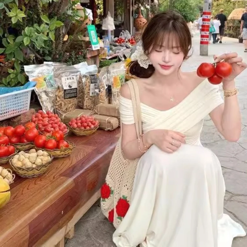 Robe irrégulière froncée en maille pour femmes, col Slash, manches courtes, slim, extensible, tendance, élégante, longue, moulante, tenues