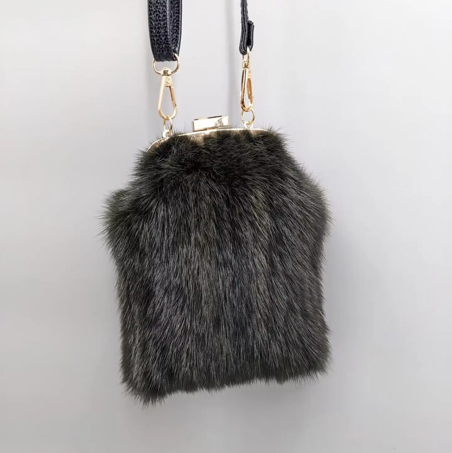 Women Grey Green Real Mink Fur Mini Phone Bag Detachable Strap Fluffy Genuine Fur Crossbody Shoulder Purse 23A0801