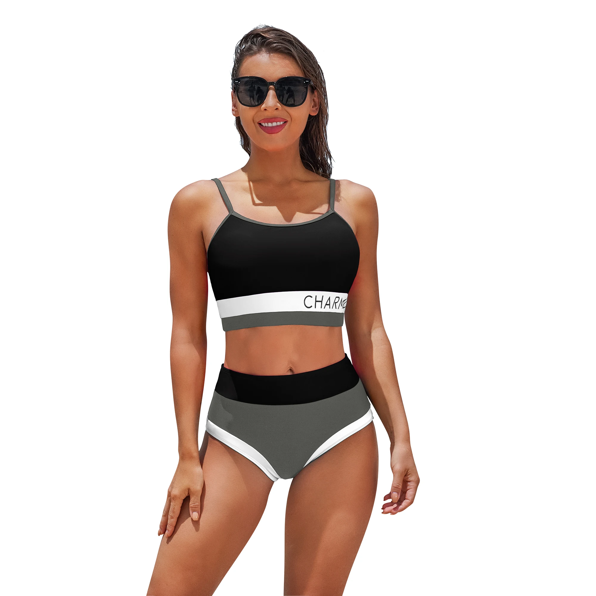 Anfilia Women Sporty Casual Crop Bikini Set Logo Print Two Piece Set Color Block Swimsuit Bathing Suit Swimwear