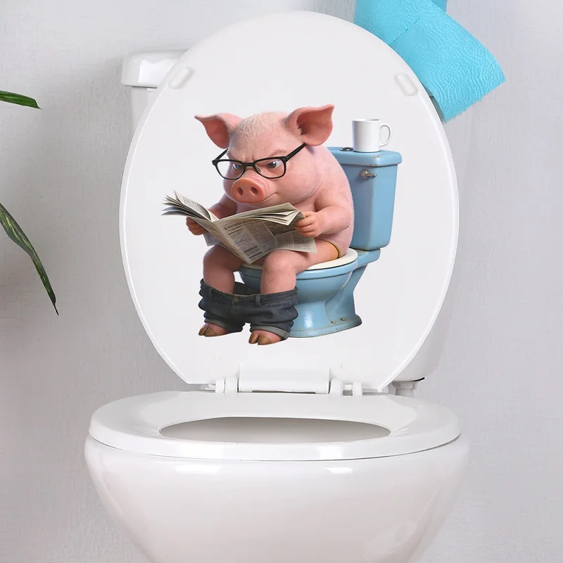 Fun Quirky Newspaper-themed Pig Toilet Sticker Bathroom Pig Wall Stickers for Home décor Self-adhesive PVC
