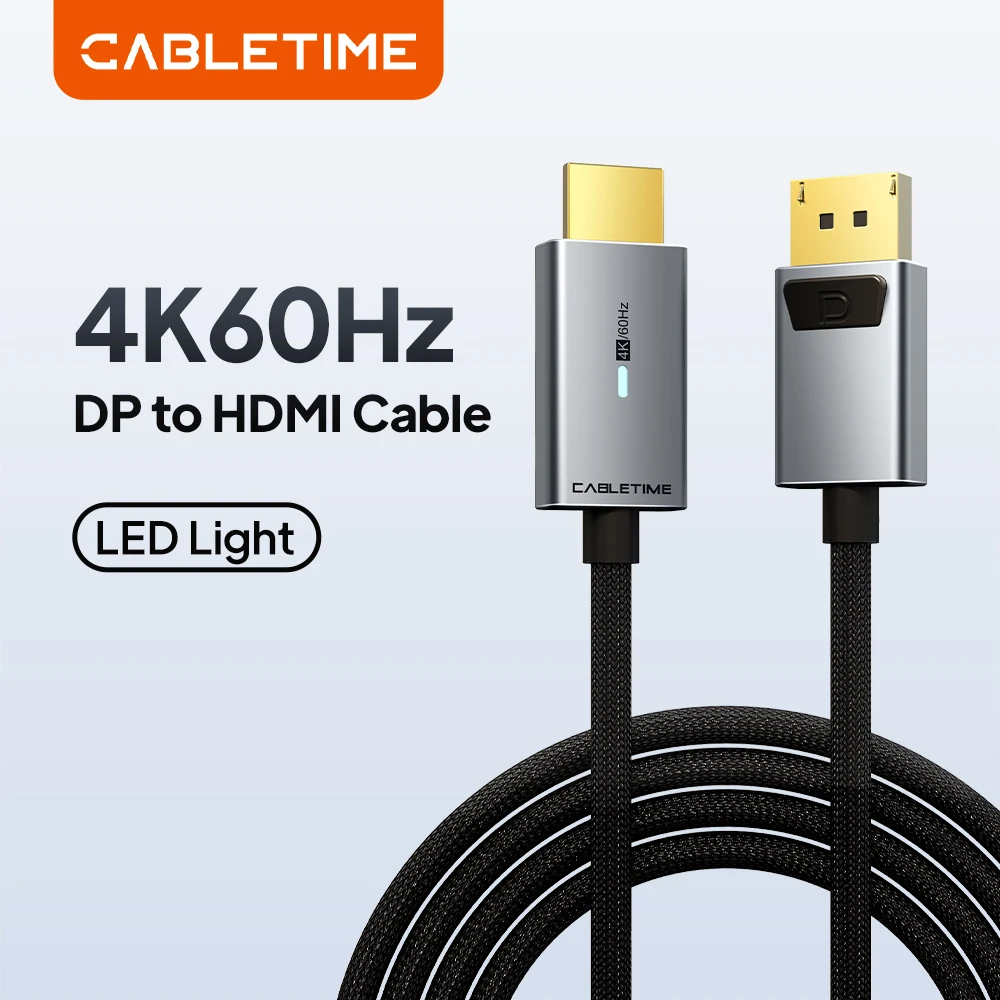 CABLETIME DisplayPort to HDMI Cable 4K@60HZ DP to HDMI Cable Converter DP1.2 for HDTV Projector Laptop PC