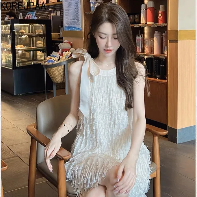 Korejpaa Gentle Summer Dress Elegant Tassel Bow Round Neck Tank Dresses Women Korean Fashion Sleeveless Vestidos De Mujer