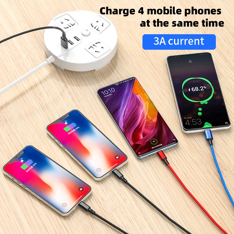 4 In 1 USB Cable For iPhone 3 In 1 USB A To Micro USB/Type C/8 Pin Charger Kable 3A Fast Charging Cabl For Huawei Samsung Xiaomi