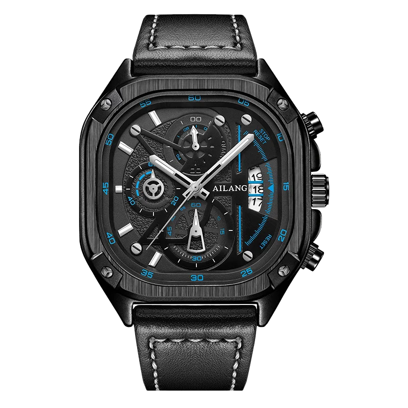 ブラッククォーツウォッチ 防水スクエアダイヤル腕時計 クロノグラフ付き 2026年現在 発光針 自動日付表示 Ai Lang