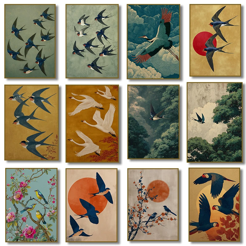 Home Decor Japandi Style - Lukisan Kanvas Seni Dinding Hutan Burung