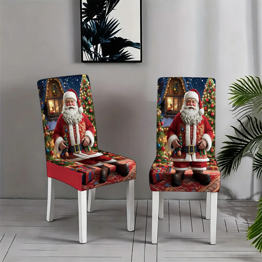 Santa Claus Cabin Christmas Tree Gift Box Back Print Dining Chair Slipcover Stretch Xmas Chair Cover