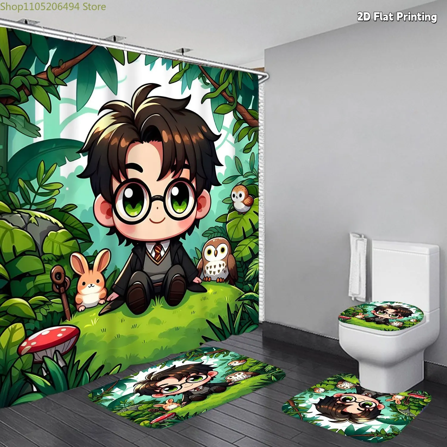 Juego de cortinas de ducha de 1/4 Uds., Warner Bros, WB, DC, Harry Potter, cortina de ducha de alta calidad con 14 ganchos y alfombra antideslizante, inodoro S