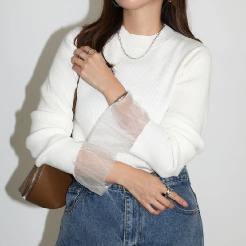 

REALEFT Autumn Winter Mesh Patchwork Women's Knitted Sweaters 2025 New White Long Sleeve Bottom Elegant Office Pullovers Female