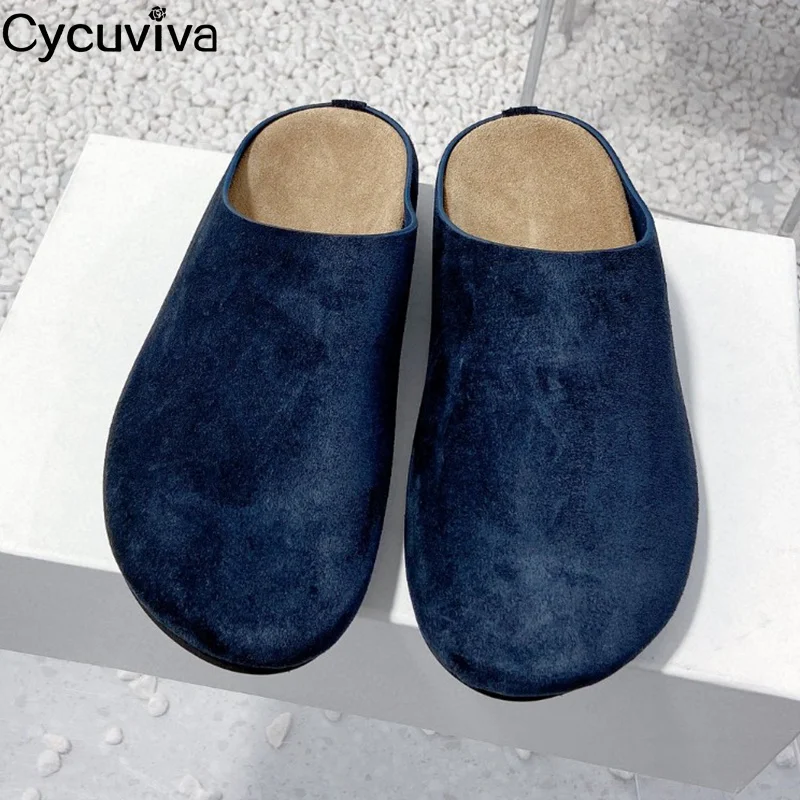 New Platform Flat Half Slippers Women Suede Leather Holiday Beach Flat Shoes Round Toe Leisure Comfort Spring Walk Shoes Woman