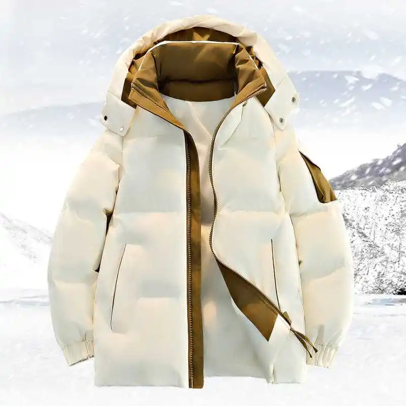 Męska kurtka zimowa, ocieplana, odporna na zimno, kontrastowe kolory, modna odzież wierzchnia, długi rękaw, zapinana na zamek, luźna, codzienna kurtka męska z kapturem.