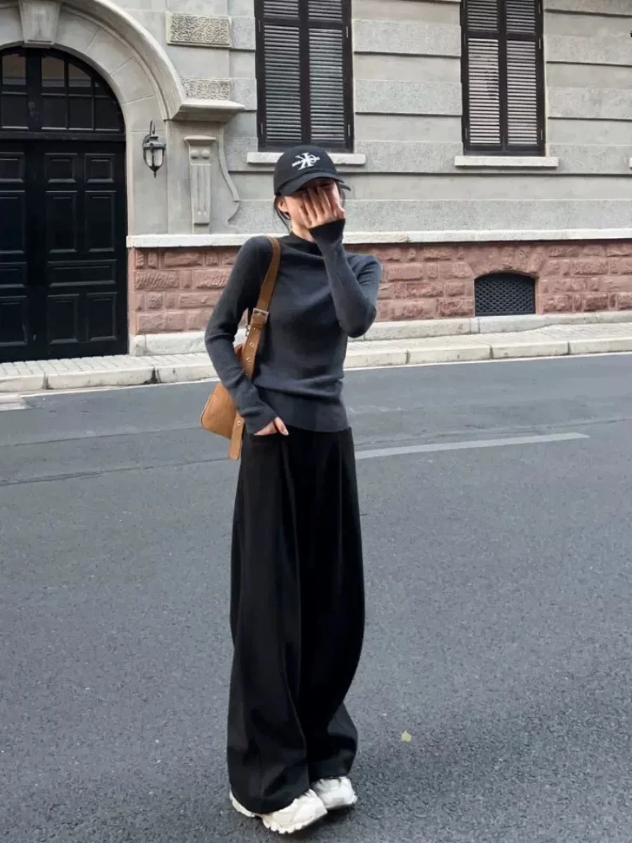 2025 جديد سترة الكشمير المعنقة المرأة محبوك نصف الياقة المدورة المرأة سترة الكورية موضة عادية سترة الكشمير المعنقة المرأة