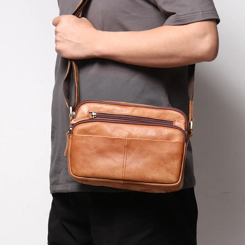 Retro genuine leather men's matte leather single-shoulder bag, cowhide crossbody bag, large capacity, iPad storage