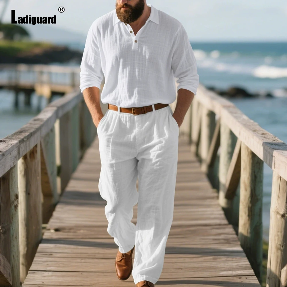 European 2025 Mens Casual Linen Two Piece Sets White Notched Top Pollovers and Straight Pants Suit Male Beach Tracksuits Set New