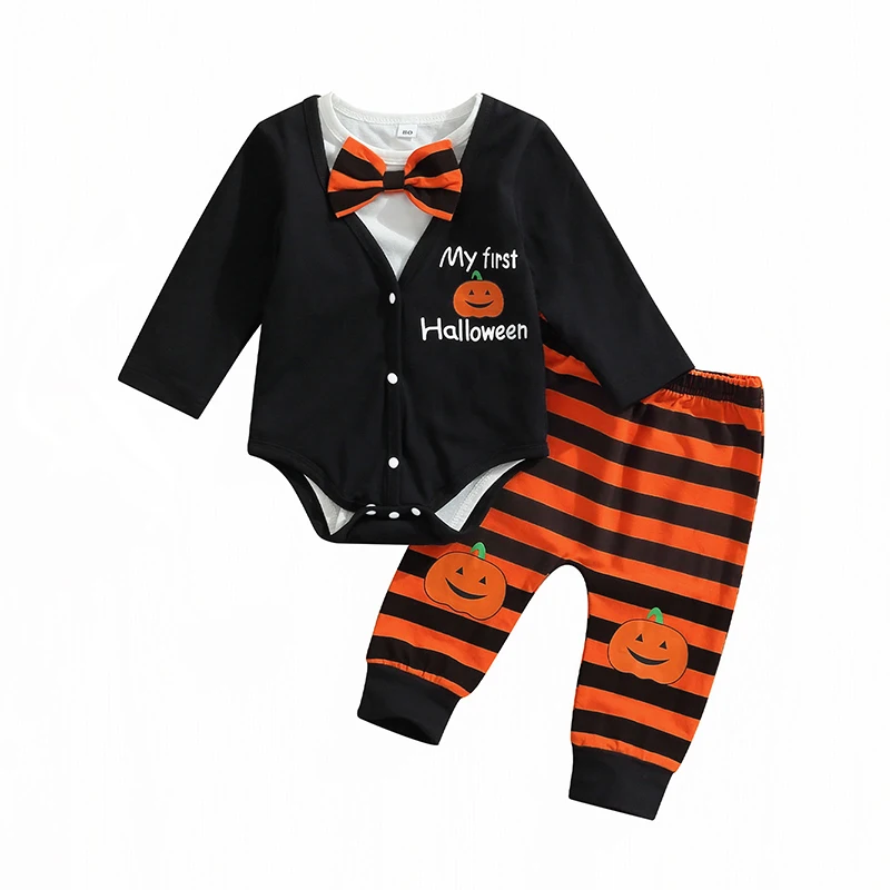 2022-07-05 Lioraitiin 0-12M Infant Baby Boy 3Pcs Halloween Clothing 2 Bodysuit Top Striped Printed Pants