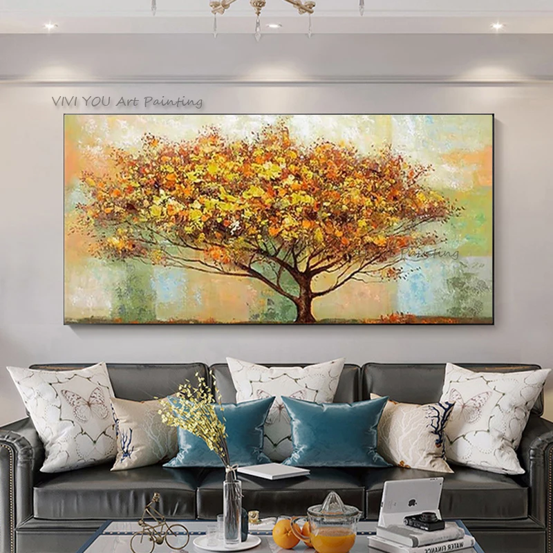 Handpainted Wall Oil Painting On Canvas Impasto Golden Autumn Tree Abstract Landscape Oil Painting for Sofa Wall Decor