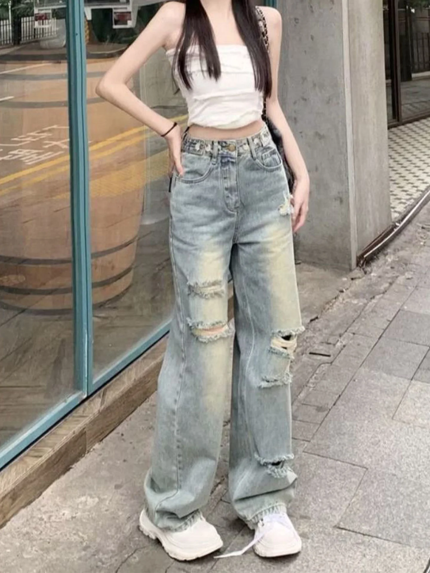 American Style High Waist Wide Leg Jeans Women's Autumn New High Street Straight Loose Drapey Denim Pants Floor-Length Cuffed
