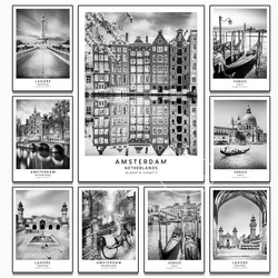 Black and White Travel Poster  World City Landscapes Amsterdam London Venice  Nordic Canvas Wall Art Print for Home Decor