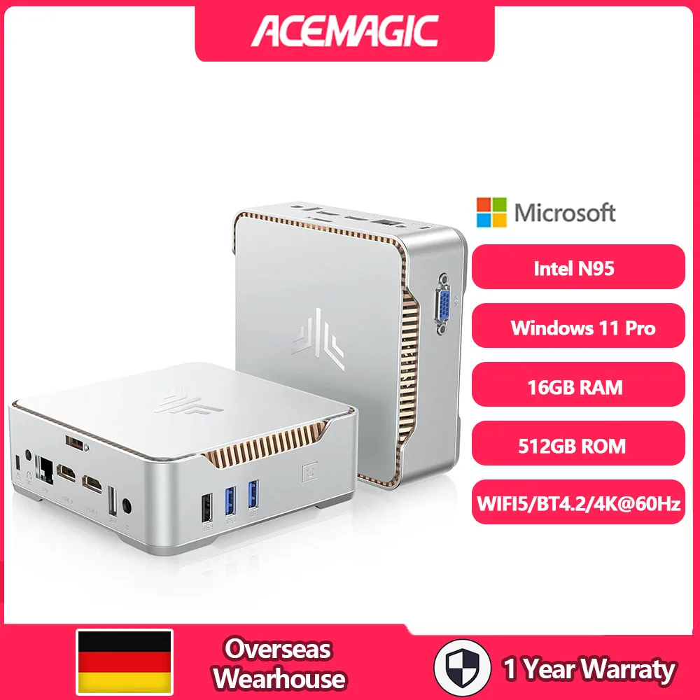 ACEMAGIC Mini PC Intel Alder Lake-Ν95 12th 8GB RAM GB M.2 SSD Mini Computer 4K UHD Dual Wi-Fi BT 4.2 Mini Desktop PC