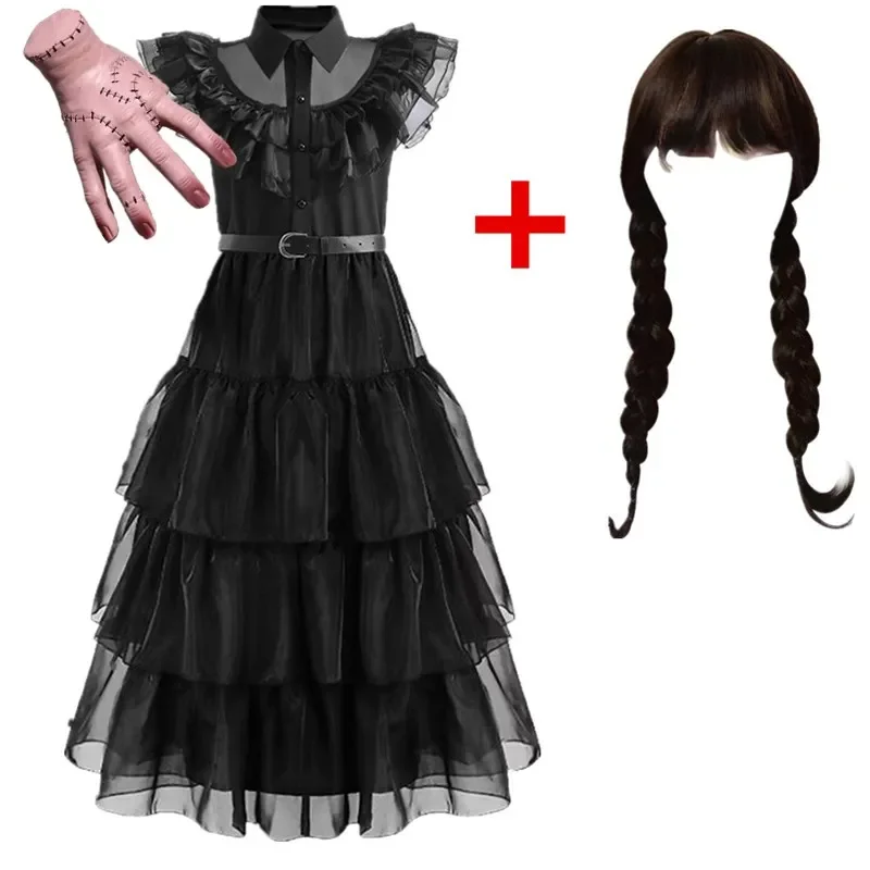 Wednesday Addams Costumes for Girls 2024 New Birthday Vestidos Gothic Black Mesh Dress Easter Cosplay Halloween Costume for Kids