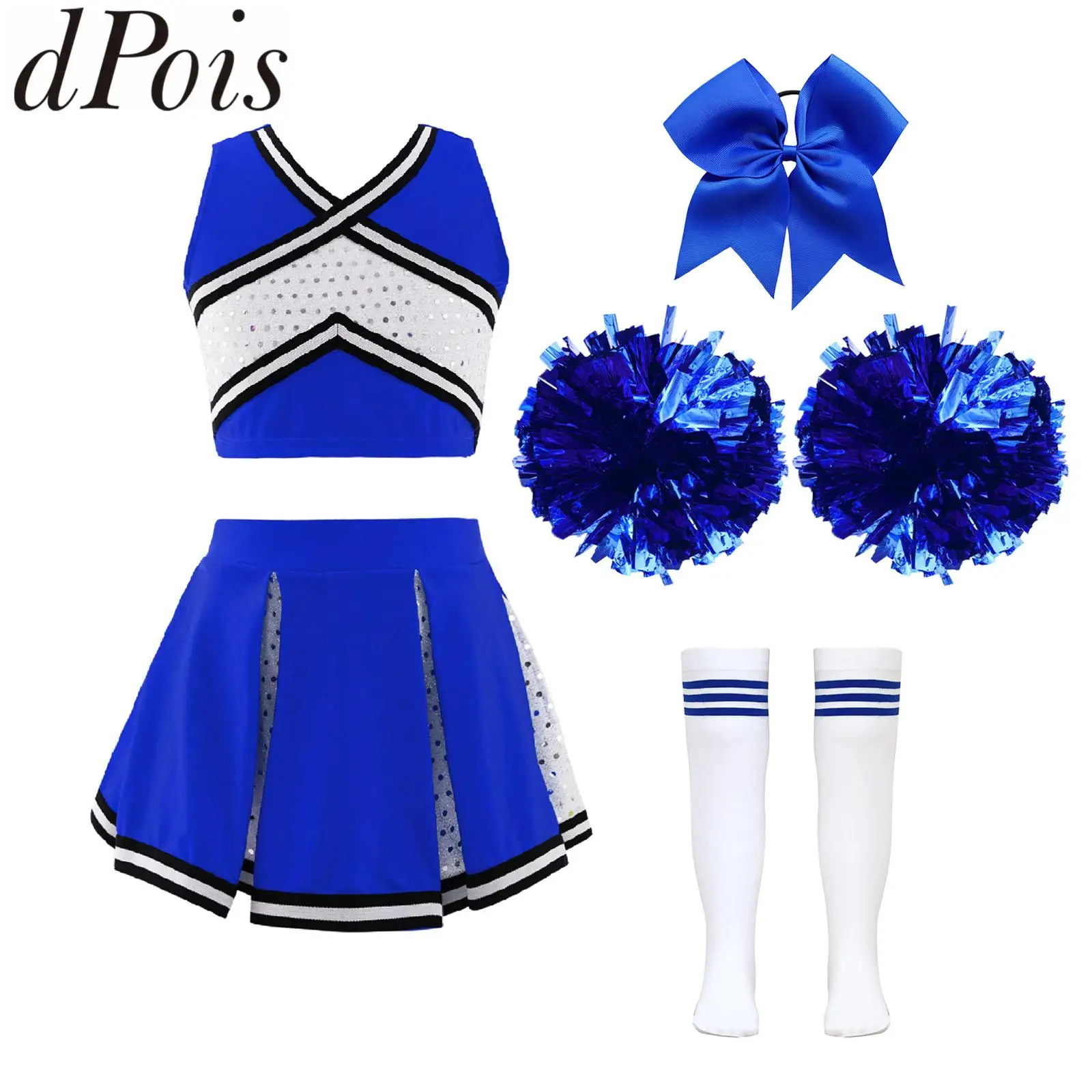 Kids Girls Cheerleading Set Teen Cheer Dance Sequins Sleeveless Crop Top Pleated Skirt with Bowknot Headwear Hand Flowers Socks