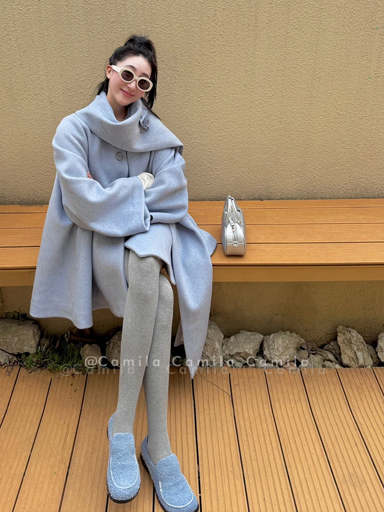 Otoño Invierno estilo de desplazamiento coreano mujer azul drapeado apliques florales bufanda de gama alta cuello abrigo suelto de un solo pecho