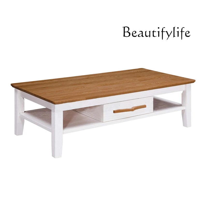 

Pure Solid Wood Coffee Table Nordic Modern Minimalist with Drawer Double Layer White Red Oak Logs Rectangular Tea Table