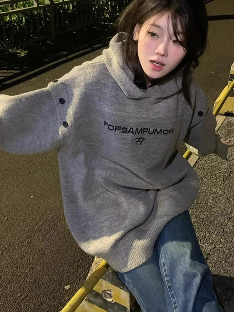 Retro Amerykańska Bluza z Haftem Dzianinowa Jesienno-Zimowa Casualowa Luźna Uniwersalna Bluza dla Par z Włókna Poliestrowego Długi...