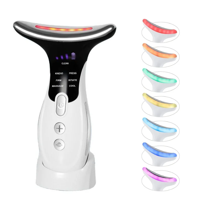 냉온 얼굴 및 목 미용 마사지기 7 in 1 LED 페이셜 스컬프터 미세전류 진동 가열 아이스 컴프레스 뷰티 디바이스