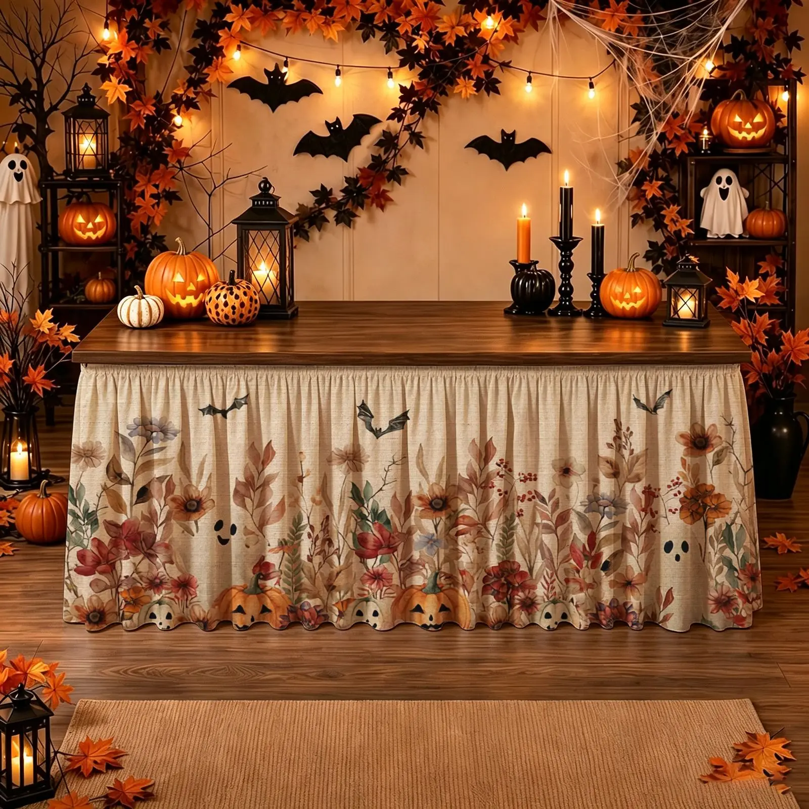 Halloween Christmas Party Tablecloth Set of 1 - Autumn Leaf Pumpkin, Ghost, Bat and Flower Print - Restaurant and Kitchen Decor