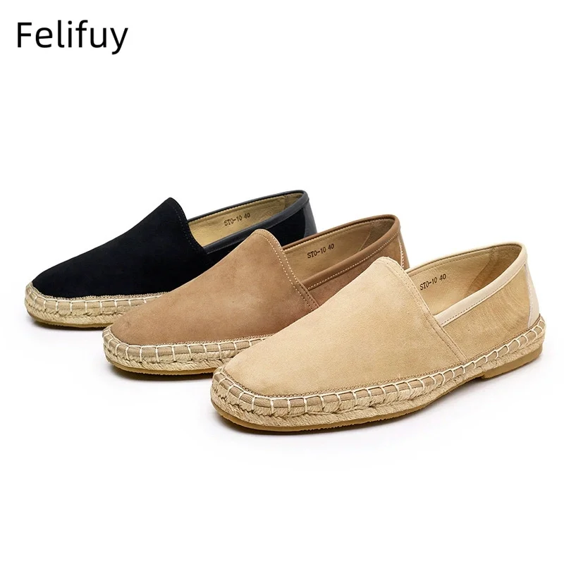 

Men Sewing Real Leather Shoes Slip on Loafers Casual Shoes Man linen Grass Woven Flat Shoes Plus Size Fisherman Driving Footwear